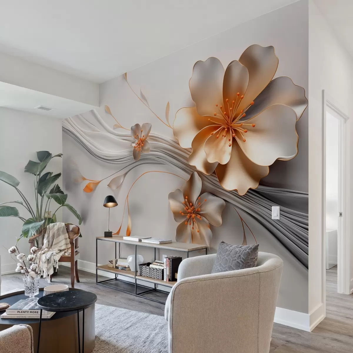 carta da parati Un fiore arancione su uno sfondo grigio astratto nr. w09004