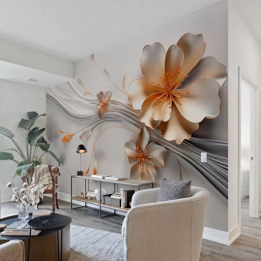 Carta da parati 3D Fiori Un fiore arancione su uno sfondo grigio astratto n. w09004