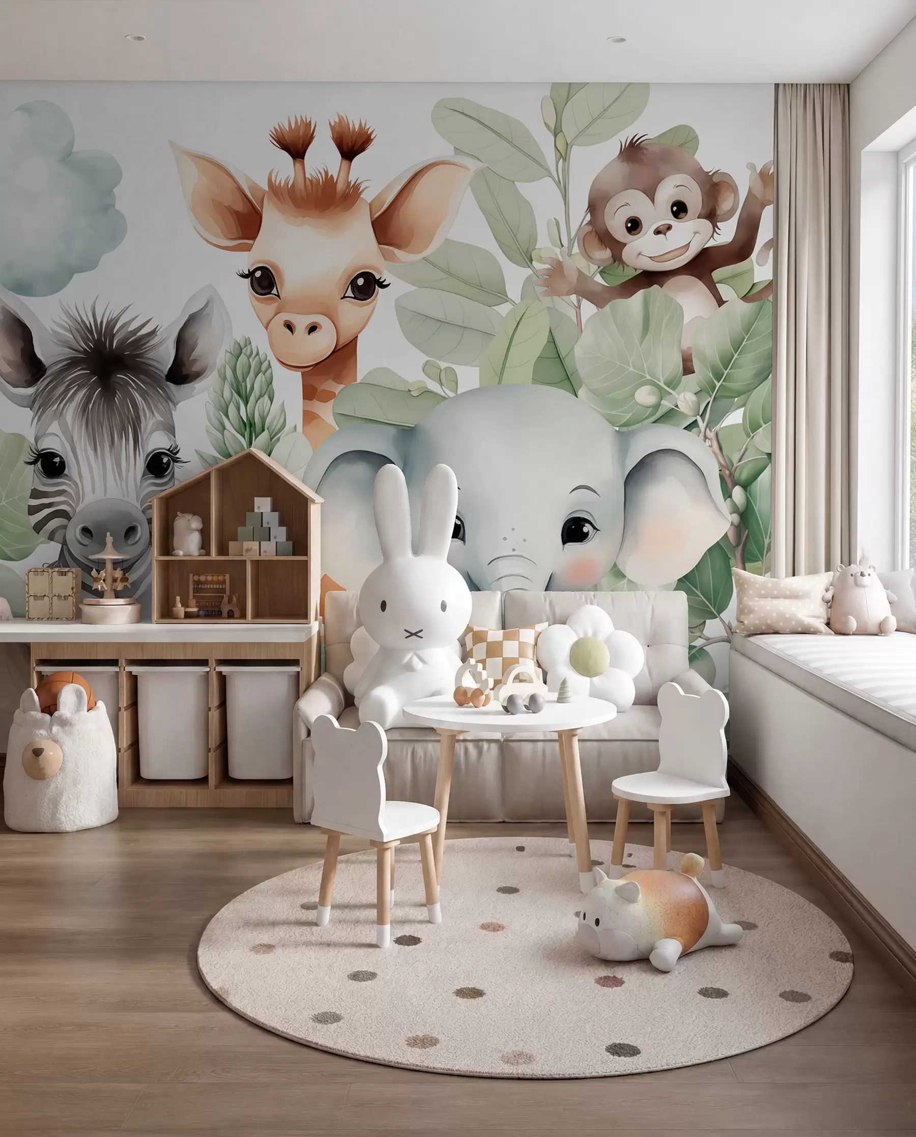 Carta da parati per Bambini Giraffa, zebra, elefante e scimmia in mezzo al fogliame 