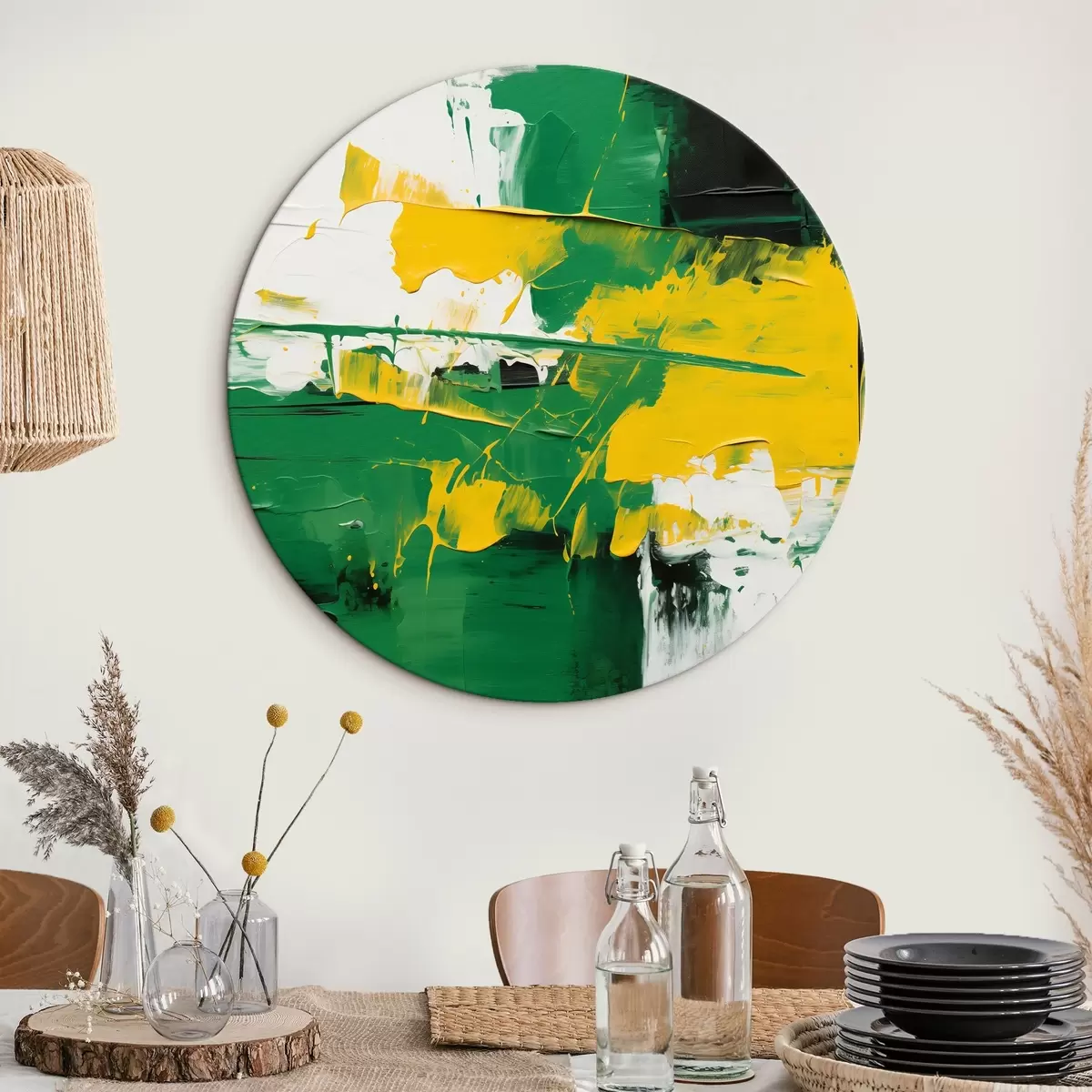 Quadri rotondi Pittura ad olio astratta con colori bianchi, verdi e gialli in stile pittura ad olio r43944