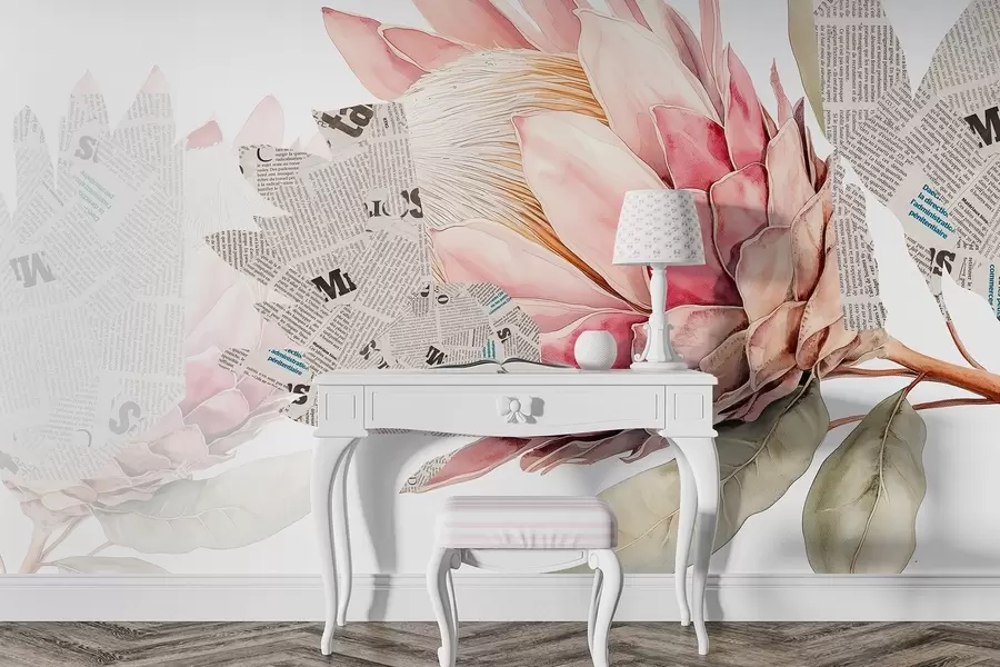 Carta da parati Floreale Fiori di protea, arte del giornale, floreale, tropicale, colori naturali n. w03667