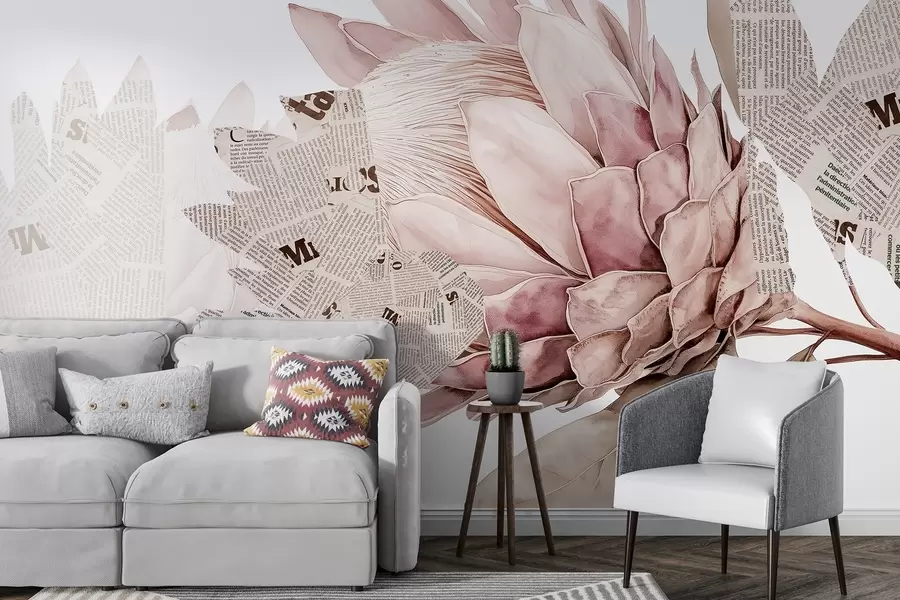 Carta da parati Floreale Fiori di protea, arte del giornale, floreale, tropicale, colori beige pastello n. w03667v4