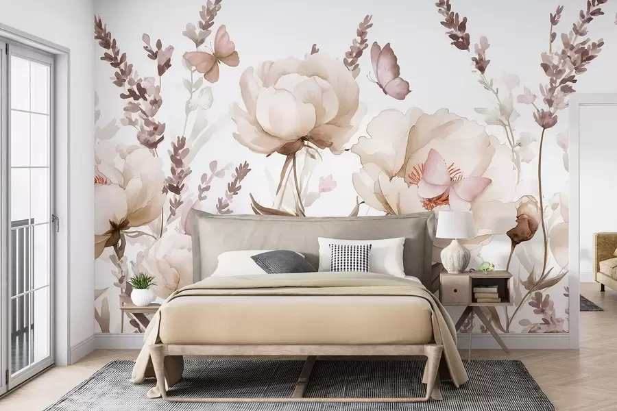 Carta da parati Floreale Prato fiorito, peonie, lavanda, farfalle, stile acquerello, colori beige n. w03668v2