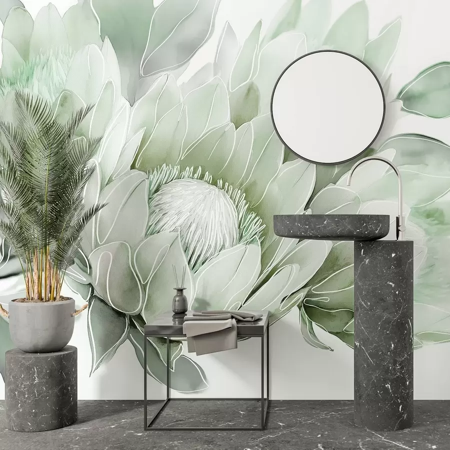 Carta da parati Floreale Bellissimi fiori di protea, disegno di line art, tropicale, colori verdi n. w03669v2