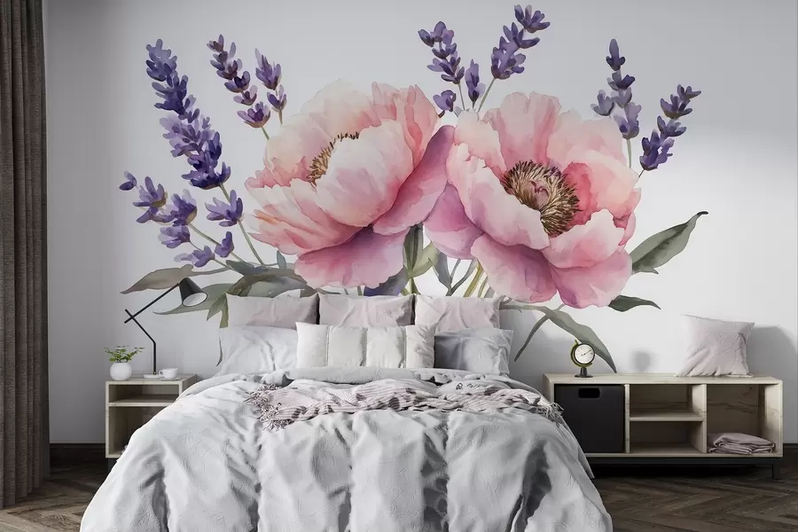 carta da parati Peonie in stile acquerello, lavanda, fiori, colori naturali nr. w03671