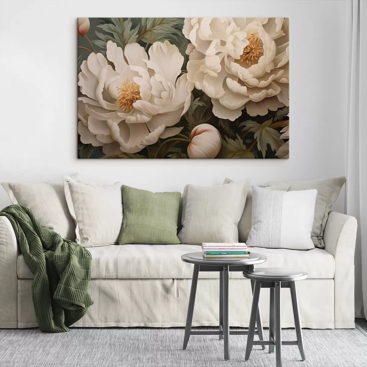 carta da parati Peonie color crema tra foglie verdi nr. s43991