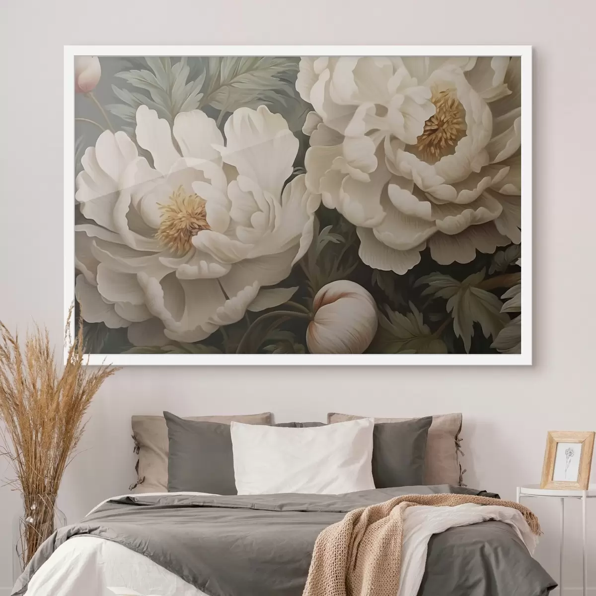 Poster Peonie color crema tra foglie verdi f43991