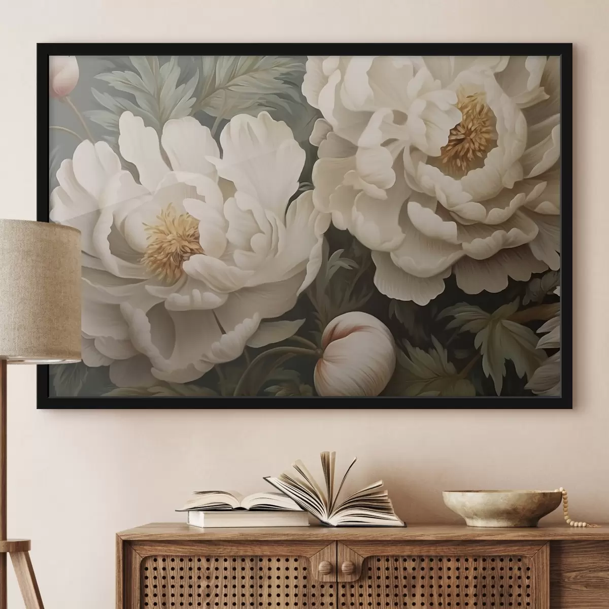 Poster Peonie color crema tra foglie verdi f43991