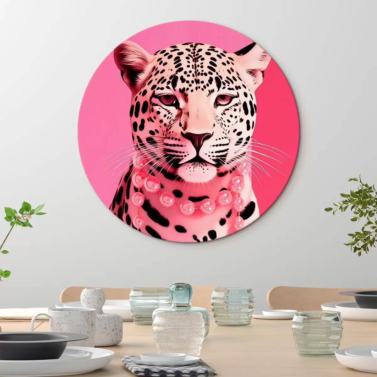 Quadri rotondi Ritratto di un leopardo con collana rosa r43976