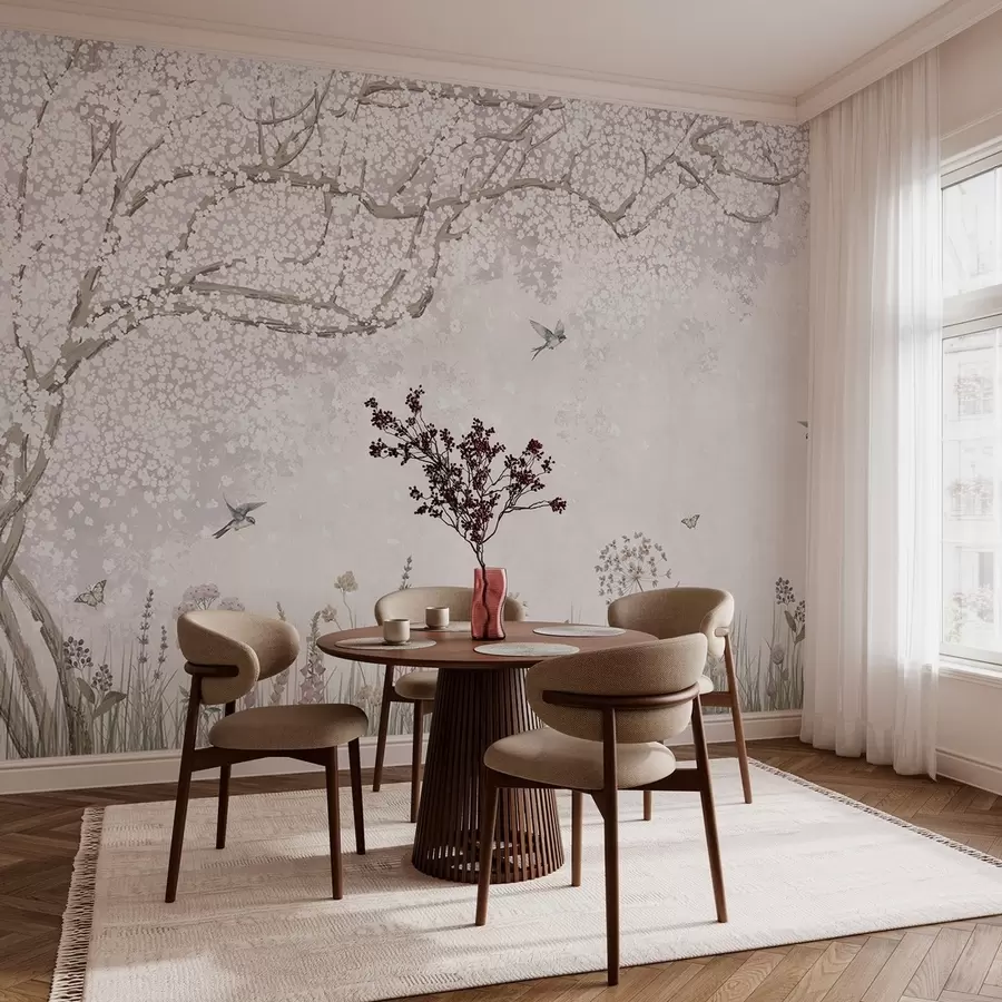 Carta da parati nature Albero in fiore con fiori selvatici e uccelli 