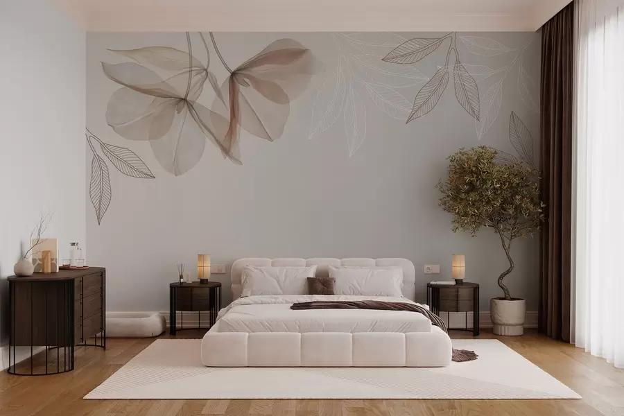 carta da parati delicati fiori e foglie traslucidi nei toni del moka nr. w03616v3