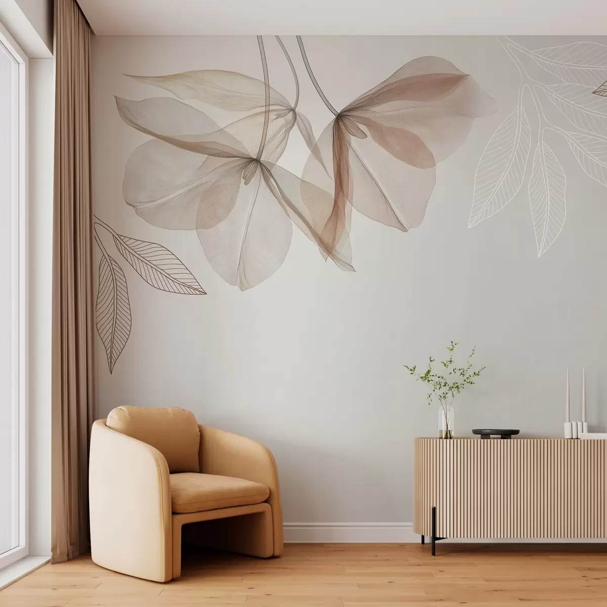 carta da parati delicati fiori e foglie traslucidi nei toni del moka nr. w03616v3