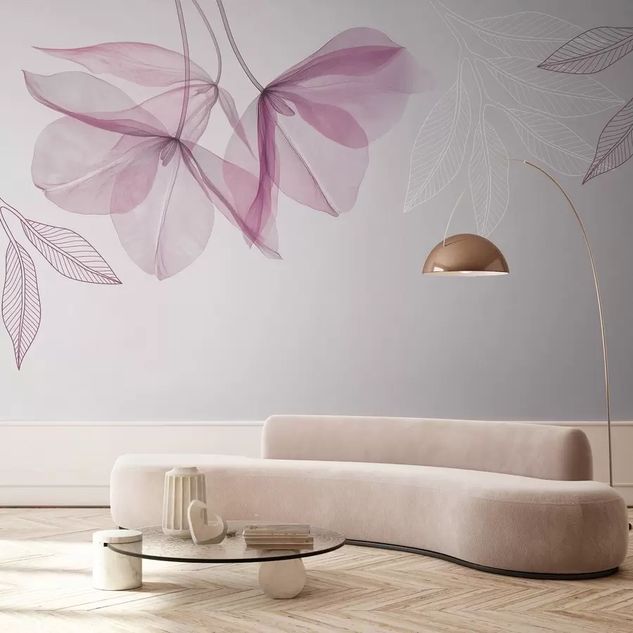 carta da parati delicati fiori e foglie traslucidi nei toni del viola nr. w03616v4