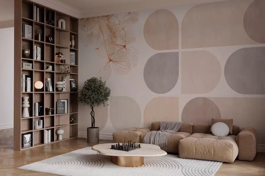 carta da parati geometria e fiori secchi con venature nei toni del beige nr. w03617