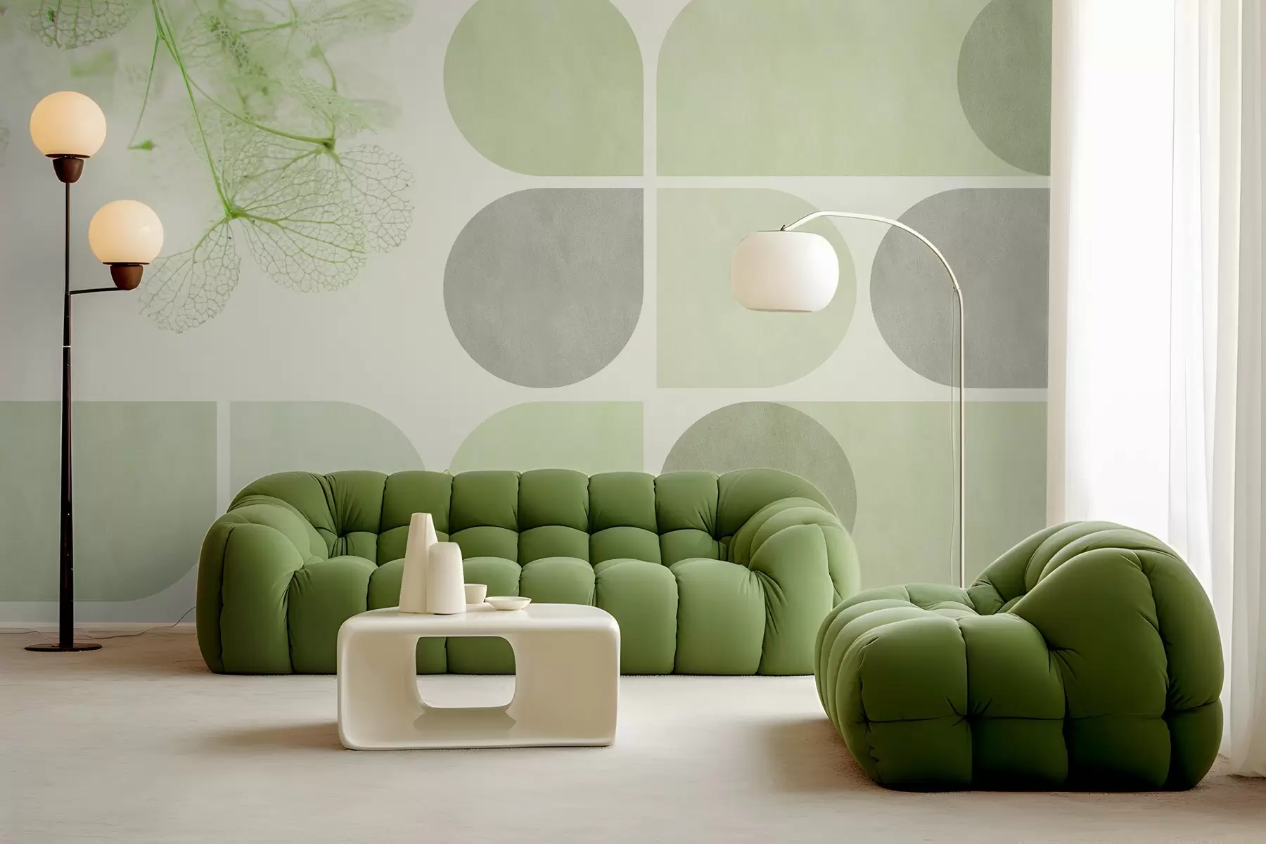 carta da parati geometria e fiori secchi con venature nei toni del verde nr. w03617v1