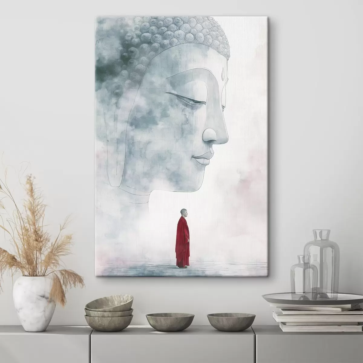 carta da parati Monaco buddista in tunica rossa, sagoma di Buddha, stile acquerello nr. s44006
