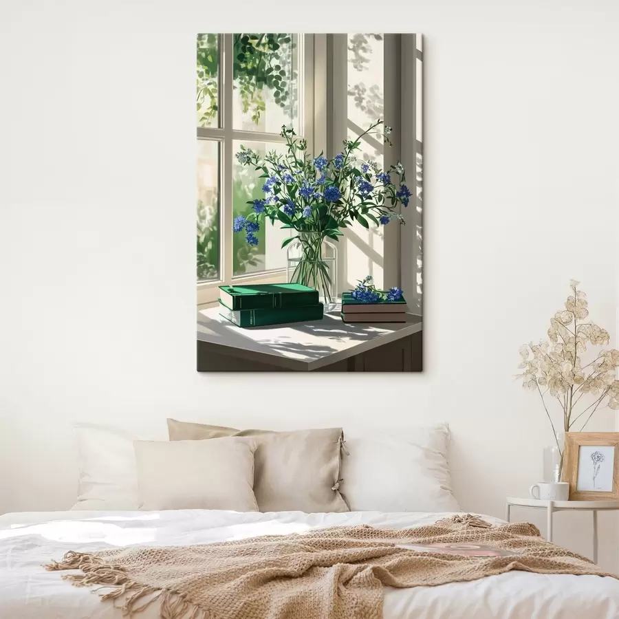 carta da parati Libri e fiori viola nel vaso sul davanzale della finestra, verde nr. s44008