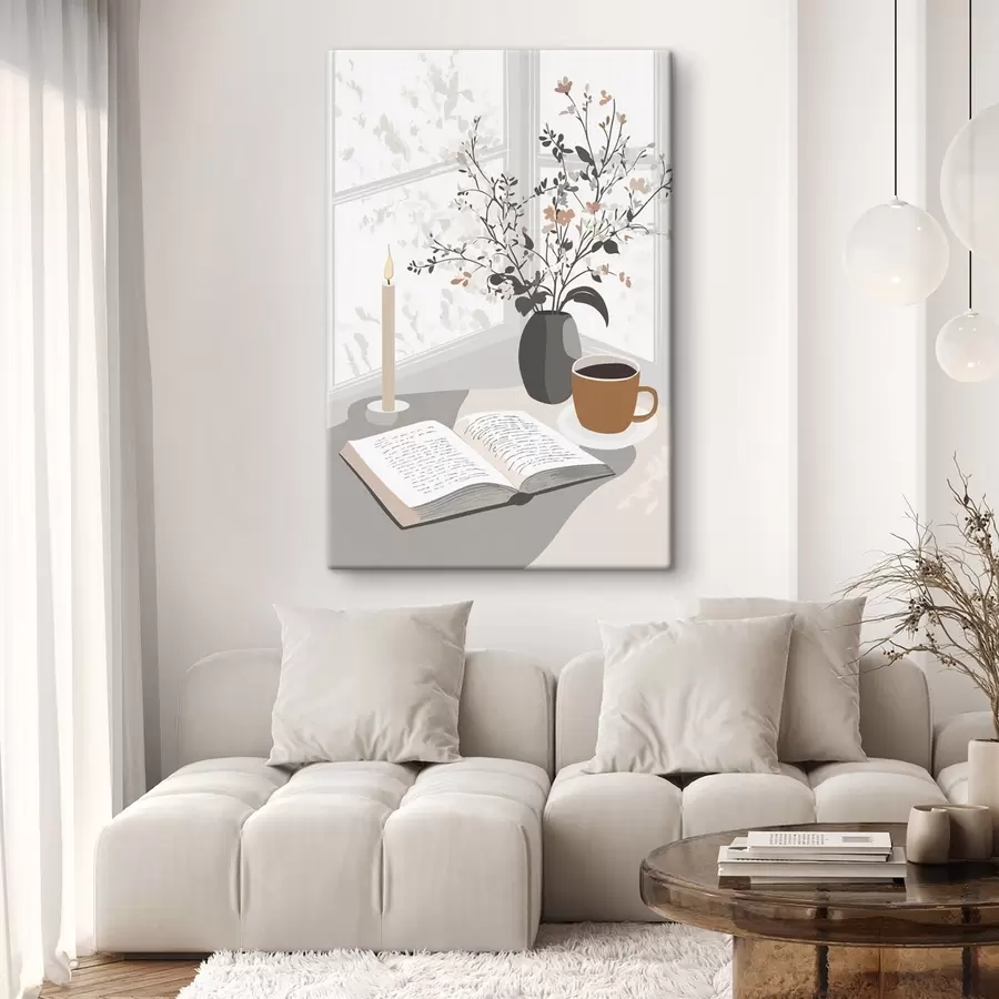 carta da parati Astrazione, libro aperto, vaso con fiori, candela, colori beige nr. s44011