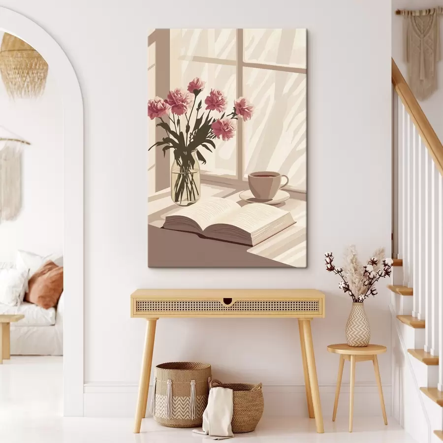 carta da parati Estetica mattutina, tazza di caffè, libro, fiori di garofano nr. s44012