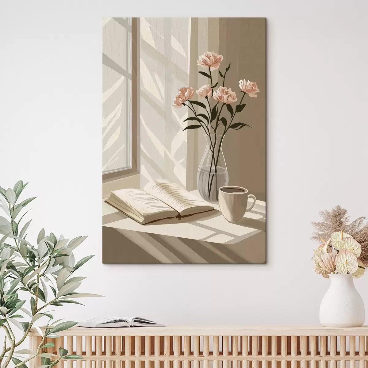 carta da parati Mattinata accogliente con caffè e libro, fiori rosa, astrazione nr. s44013