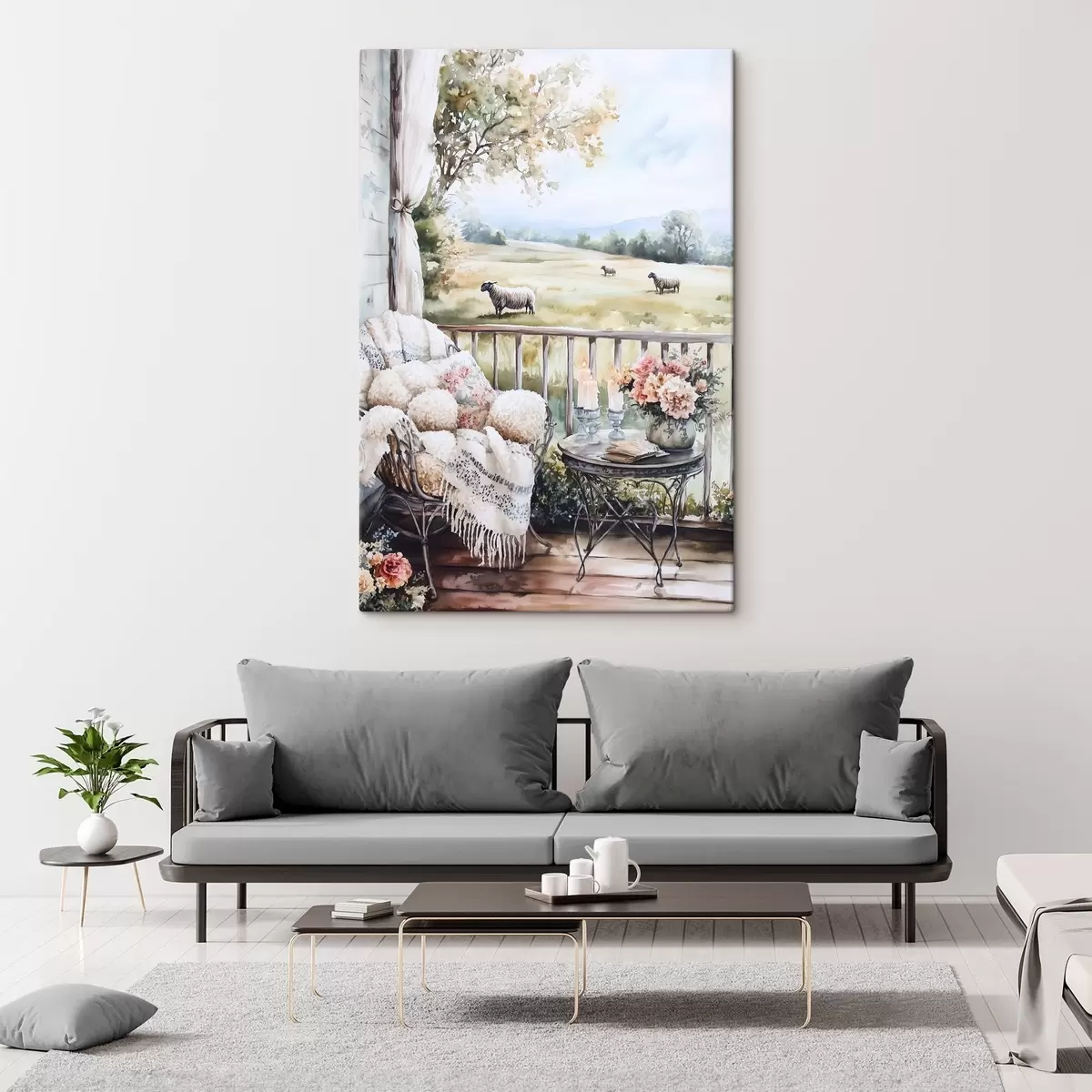 carta da parati Fattoria di campagna con pecore, campi, fiori rustici, stile acquerello nr. s44014