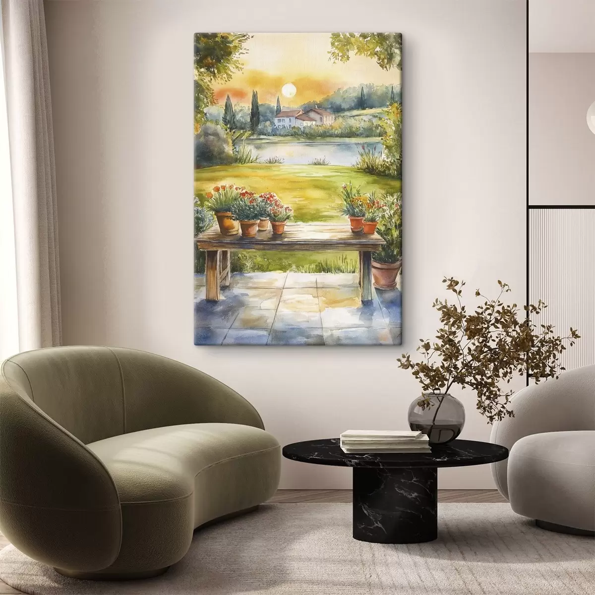 carta da parati Villaggio al tramonto, rustico, fiori estivi, lago, stile acquerello nr. s44016