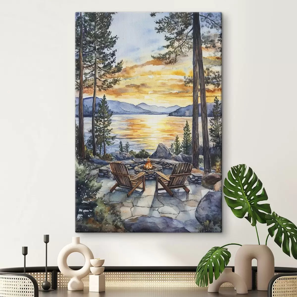 carta da parati Lago con montagne al tramonto, viaggio, camino accogliente, acquerello nr. s44018