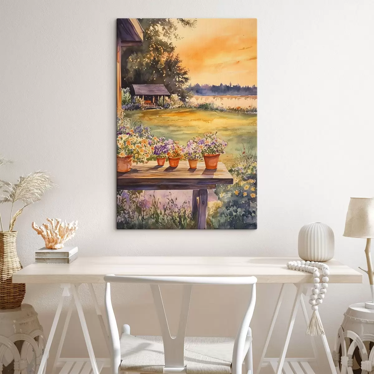 carta da parati Fiori nel giardino del villaggio, colori del tramonto, stile acquerello nr. s44019