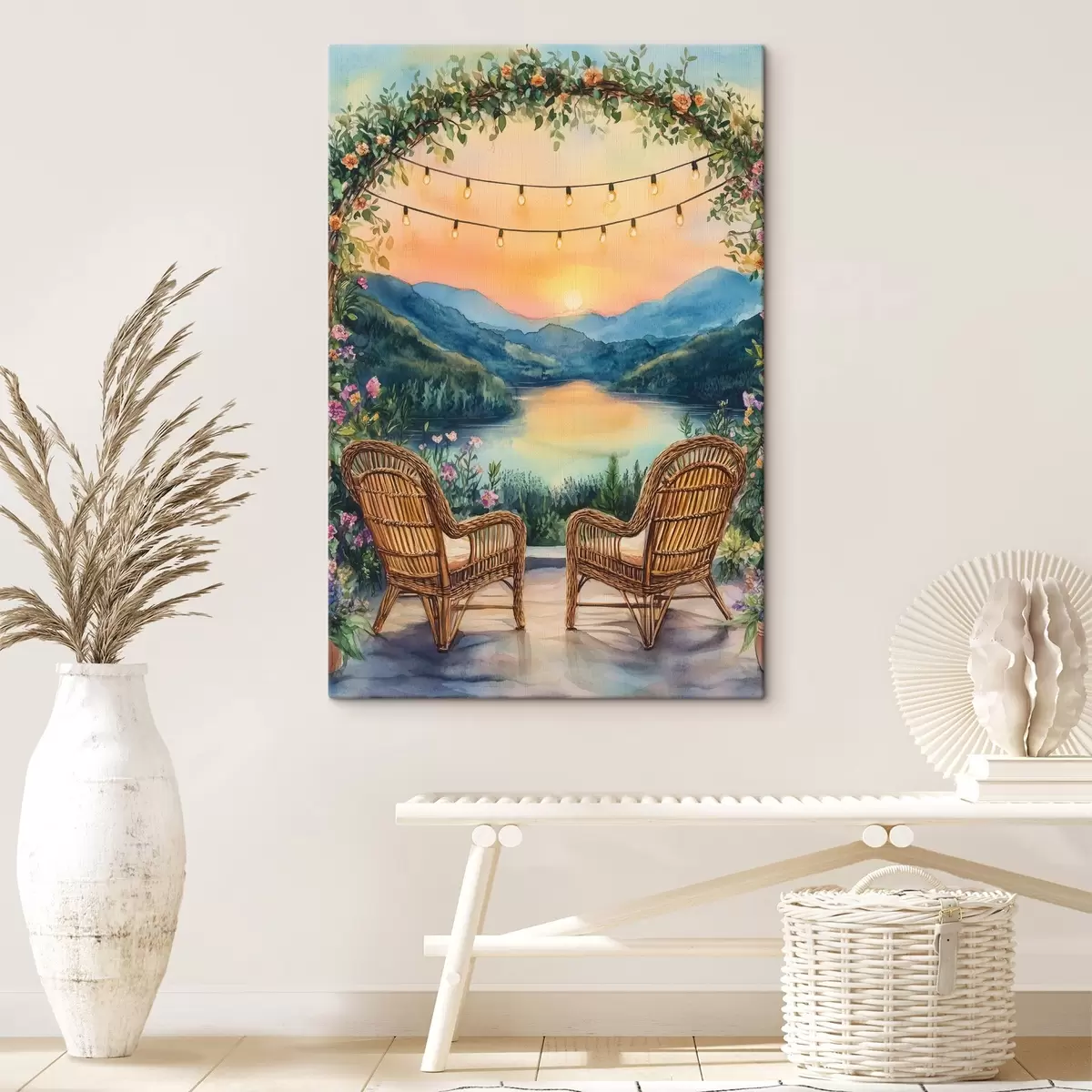 carta da parati Sedie di vimini al tramonto, paesaggio di montagna, stile boho nr. s44020