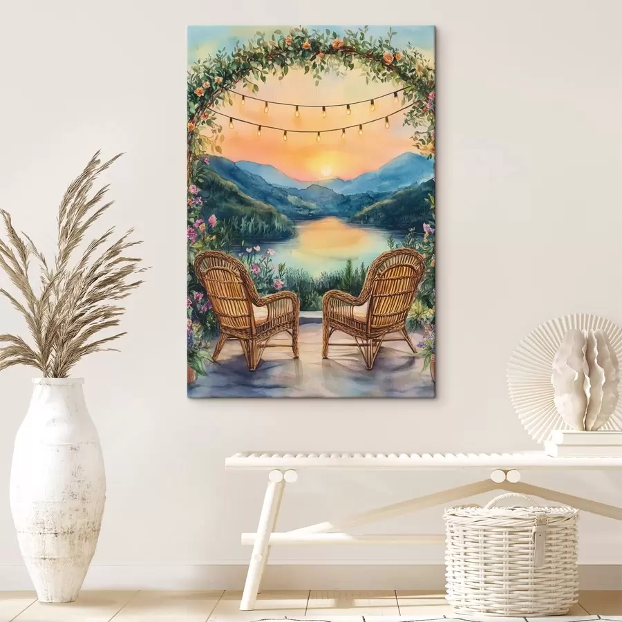 carta da parati Sedie di vimini al tramonto, paesaggio di montagna, stile boho nr. s44020