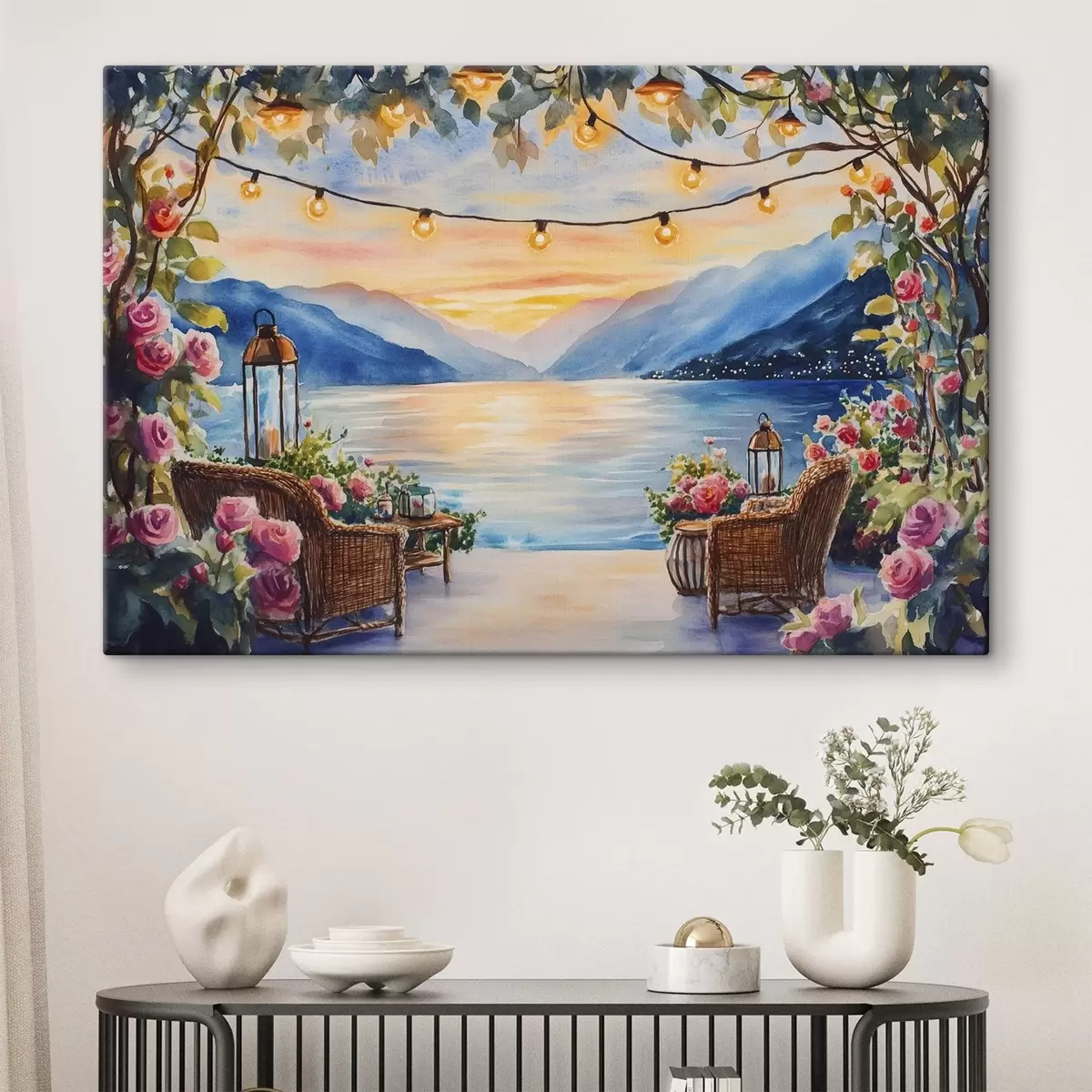 carta da parati Bellissimo tramonto in montagna, lago, rose, stile boho nr. s44025