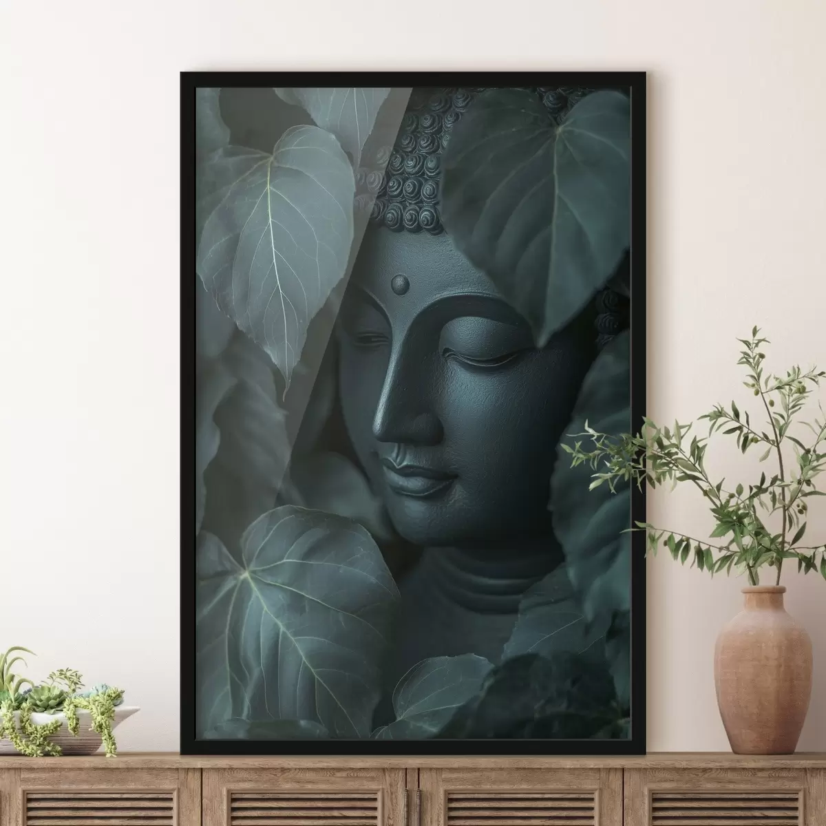 Poster Buddha tra le foglie verdi, buddismo, tropicale, realismo f44004