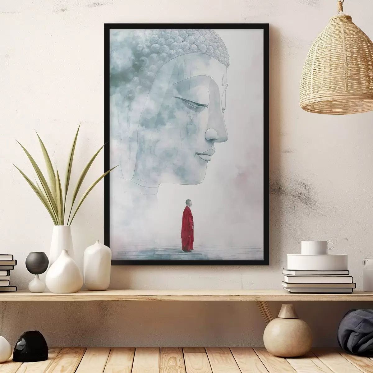 Poster Monaco buddista in tunica rossa, sagoma di Buddha, stile acquerello f44006