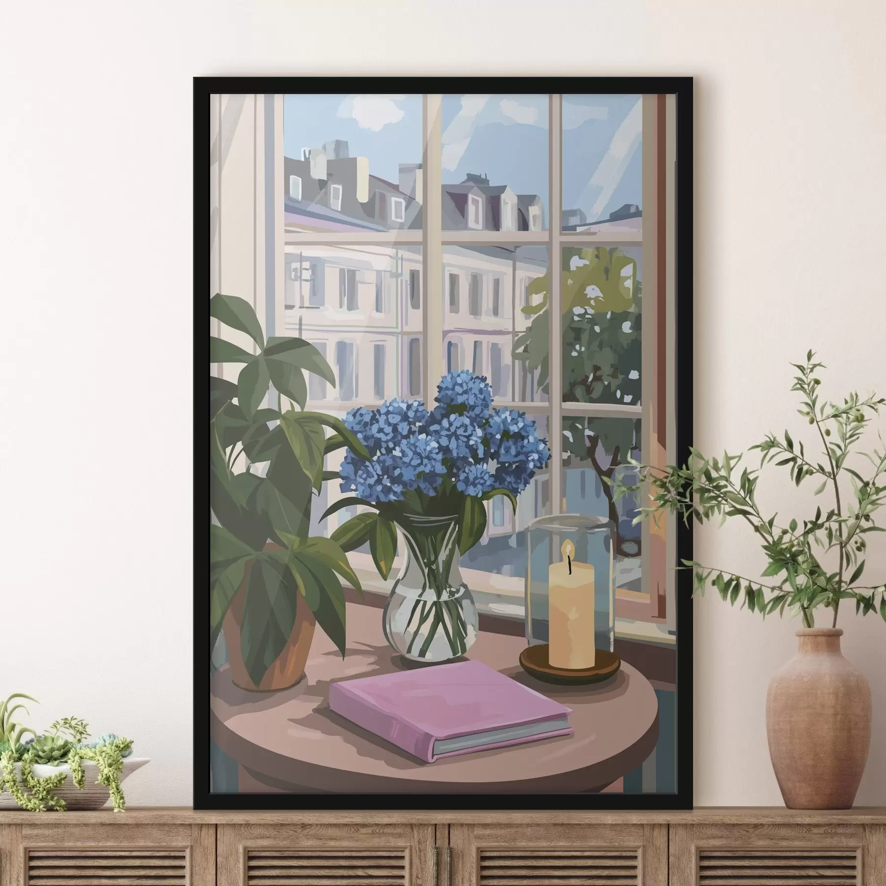 carta da parati Ortensie nel vaso, vista dalla finestra, candela, casa accogliente nr. f44009