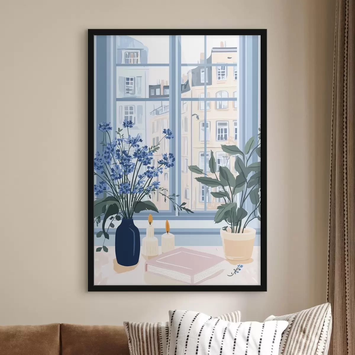 Poster Casa accogliente con fiori e vista sulla finestra, architettura, colori blu f44010