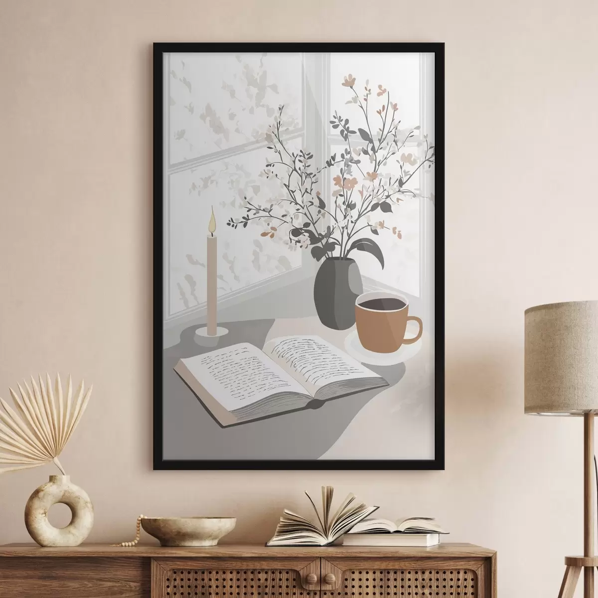 Poster Astrazione, libro aperto, vaso con fiori, candela, colori beige f44011