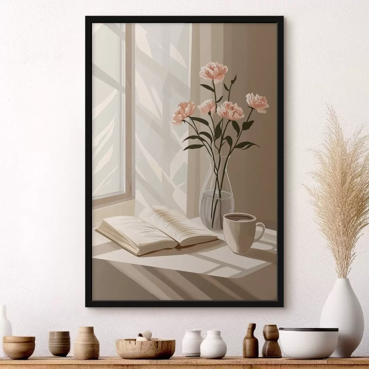 Poster Mattinata accogliente con caffè e libro, fiori rosa, astrazione f44013