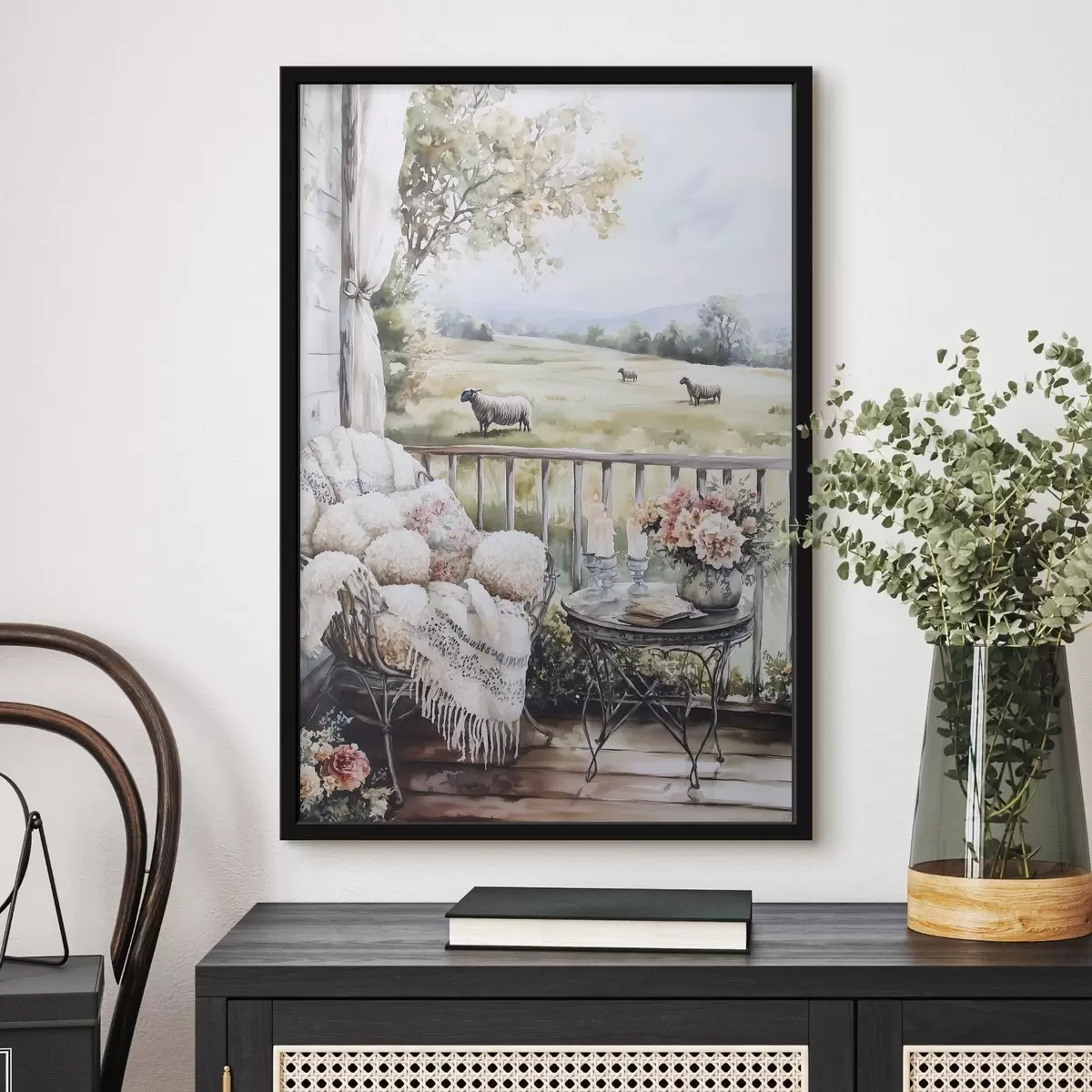 Poster Fattoria di campagna con pecore, campi, fiori rustici, stile acquerello f44014