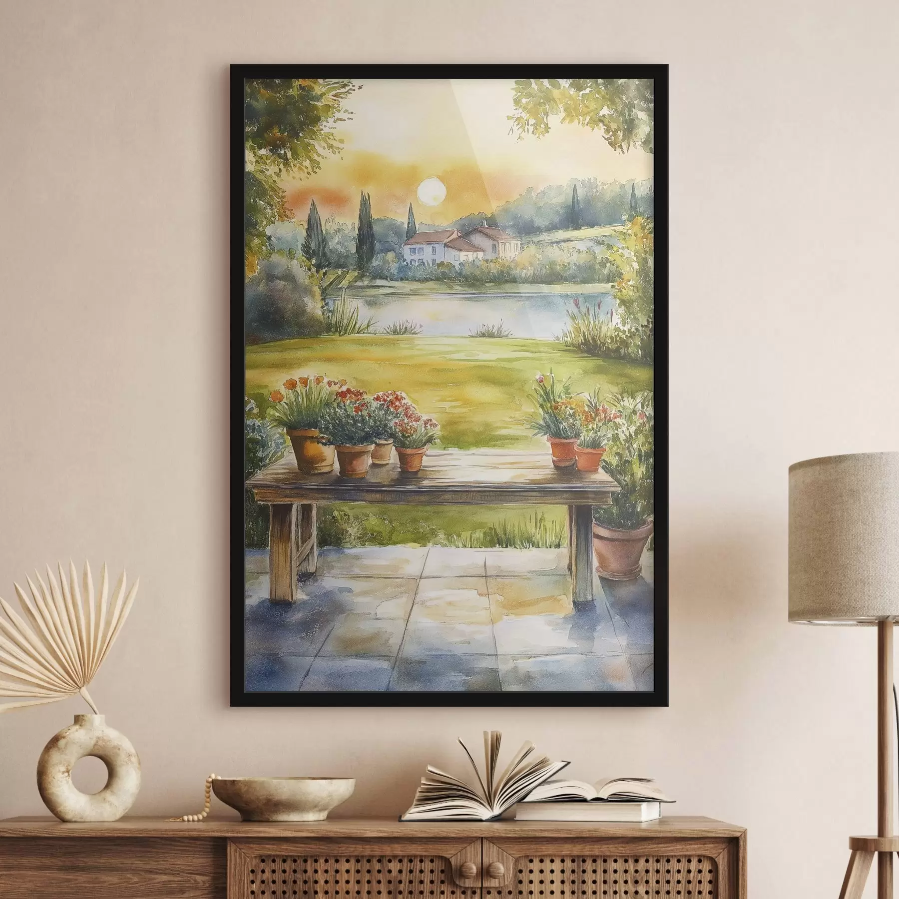 carta da parati Villaggio al tramonto, rustico, fiori estivi, lago, stile acquerello nr. f44016