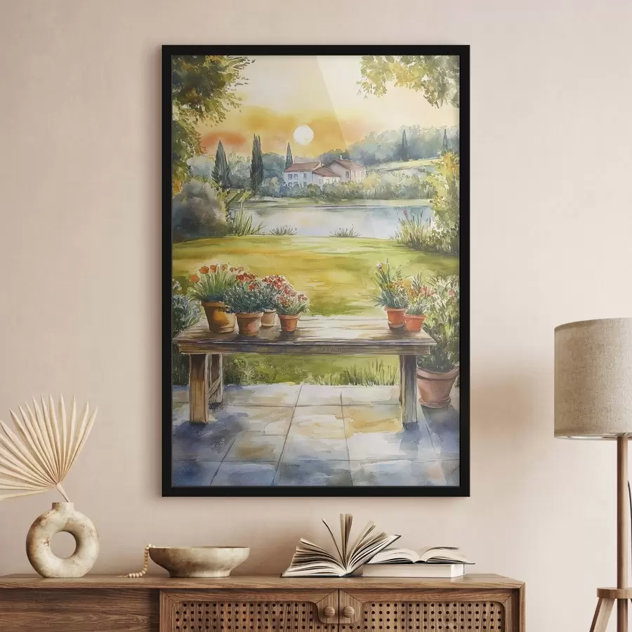 carta da parati Villaggio al tramonto, rustico, fiori estivi, lago, stile acquerello nr. f44016