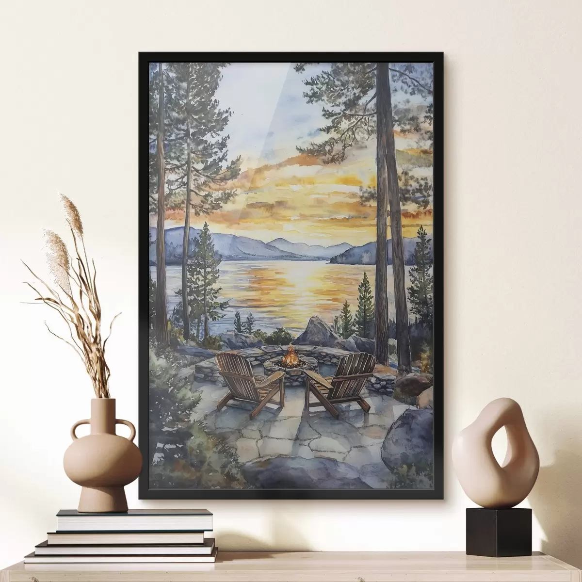 Poster Lago con montagne al tramonto, viaggio, camino accogliente, acquerello f44018