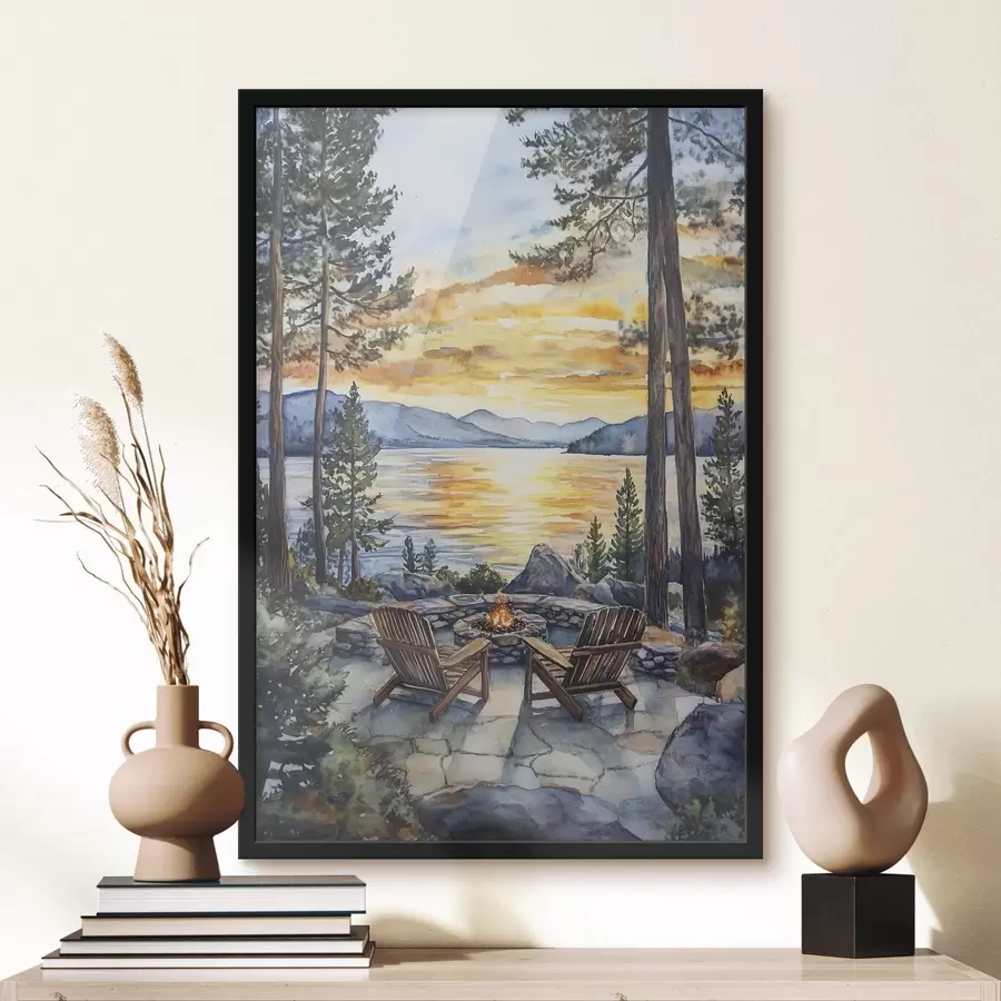 carta da parati Lago con montagne al tramonto, viaggio, camino accogliente, acquerello nr. f44018