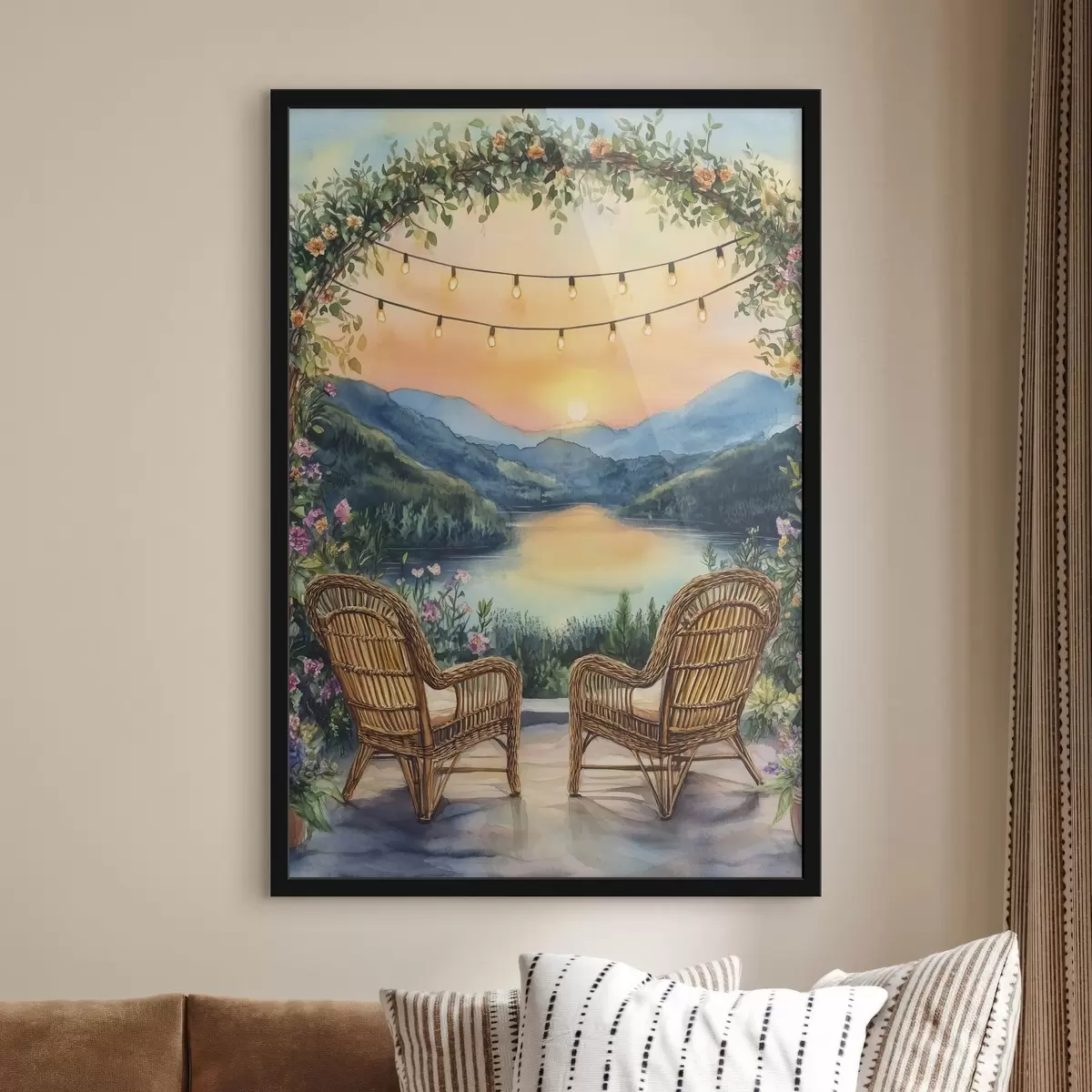 Poster Sedie di vimini al tramonto, paesaggio di montagna, stile boho f44020