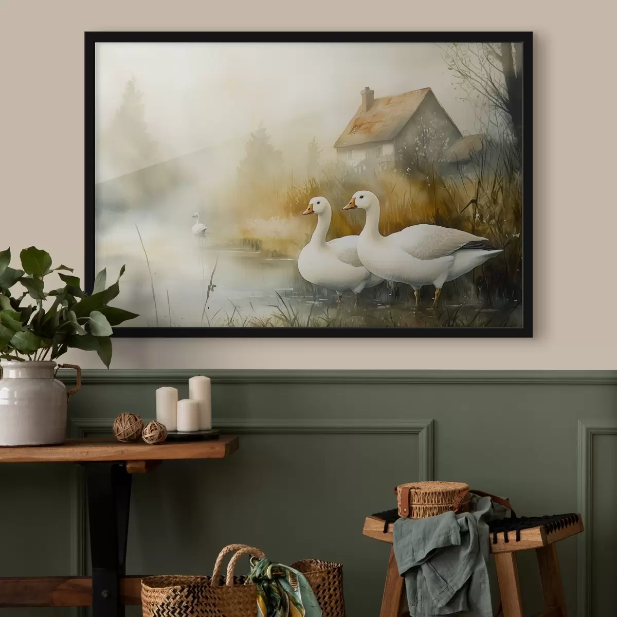 Poster Oche nel lago vicino alla fattoria, stile rustico, acquerello f44022