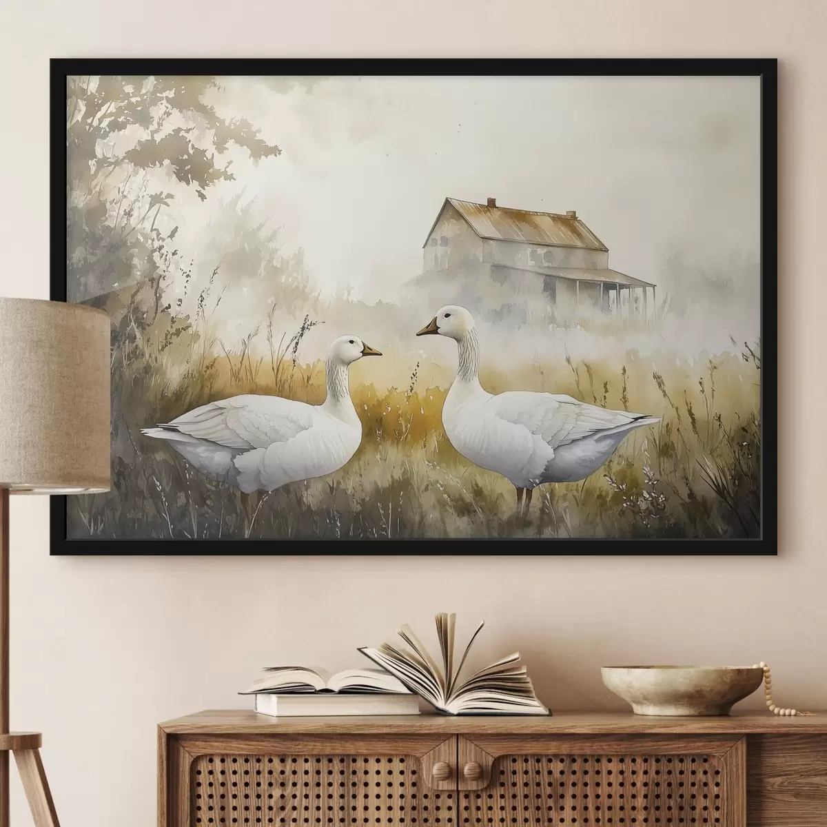 Poster Stile acquerello oche nel campo, villaggio, rustico f44024