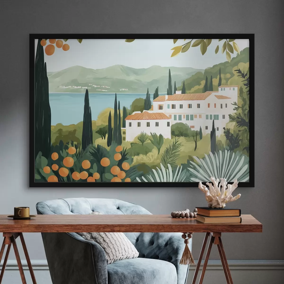 Poster Paesaggi mediterranei con aranci e case, costa del mare f44027