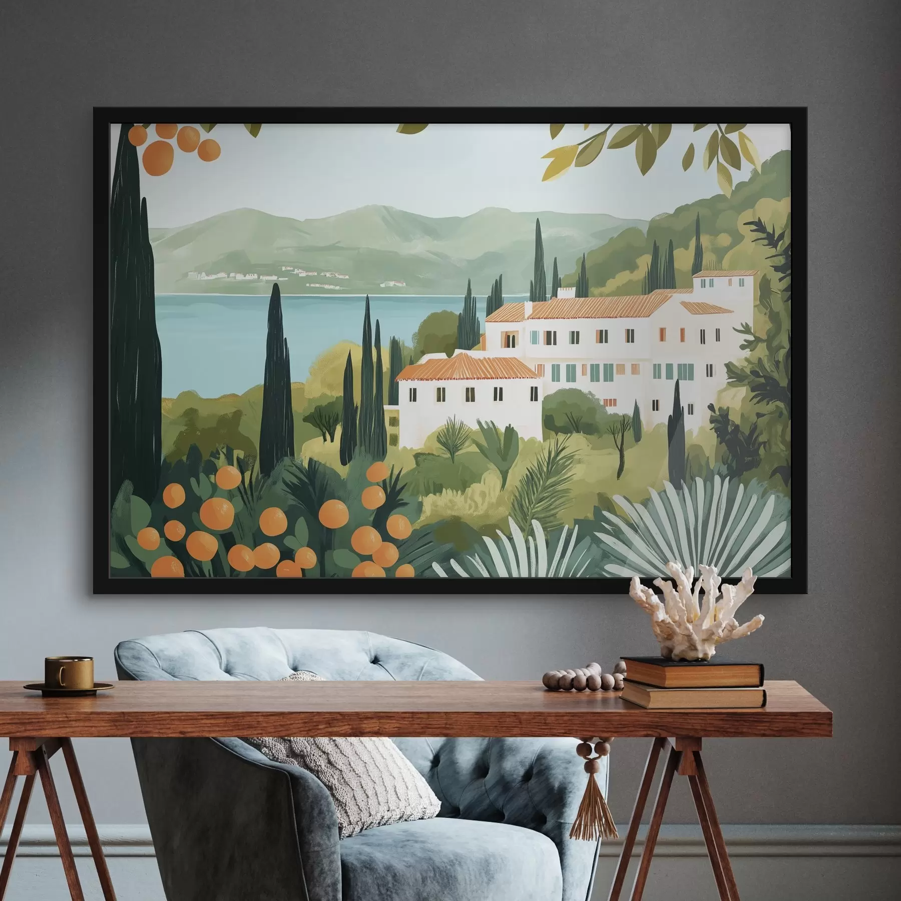 carta da parati Paesaggi mediterranei con aranci e case, costa del mare nr. f44027