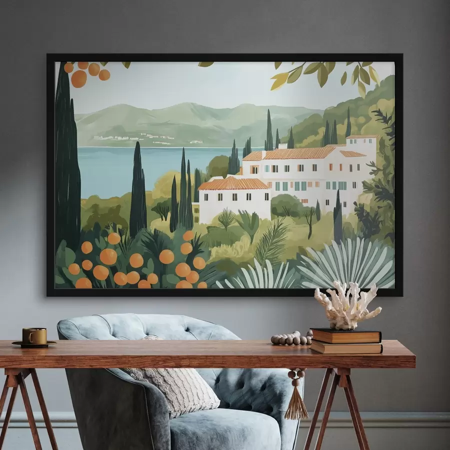 carta da parati Paesaggi mediterranei con aranci e case, costa del mare nr. f44027