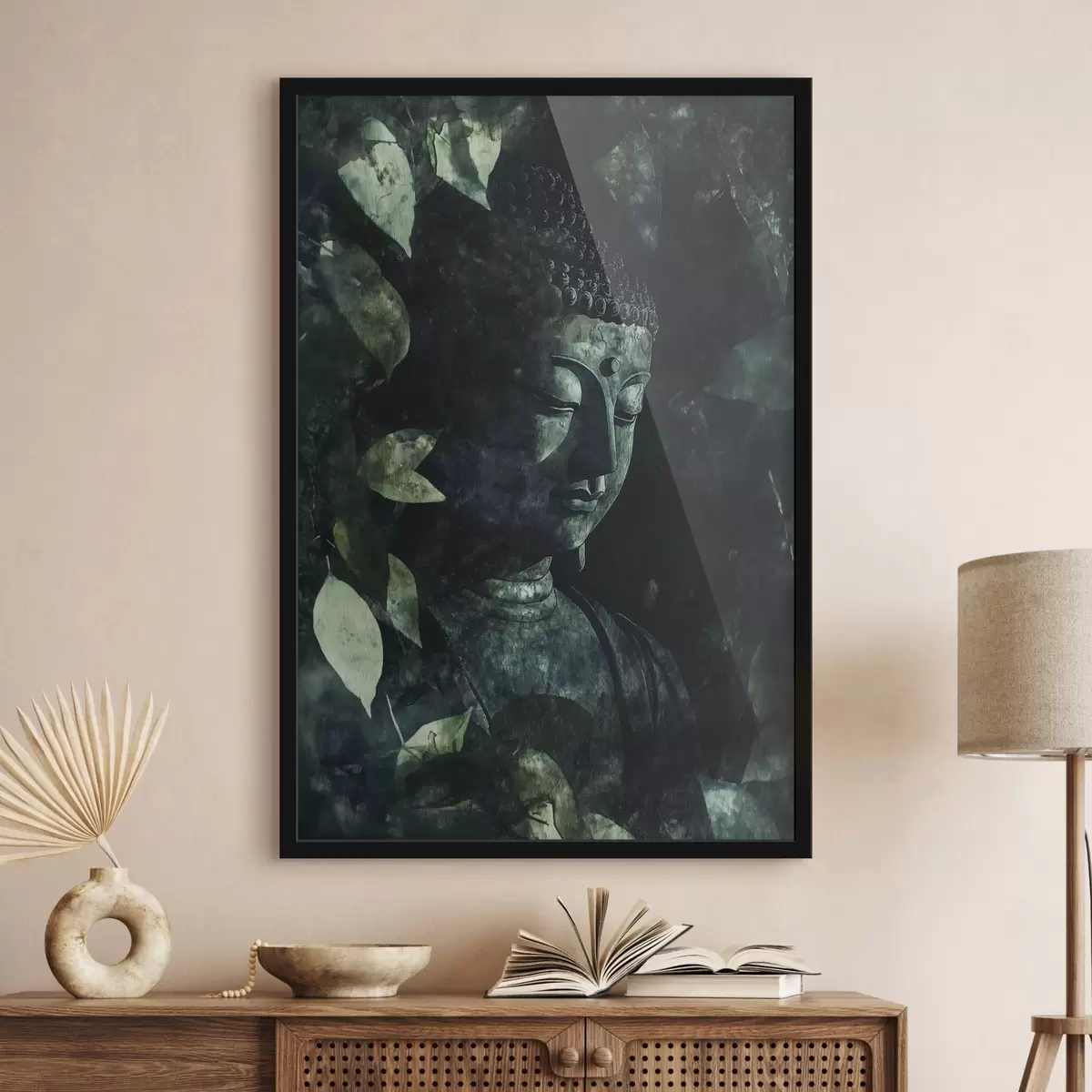 Poster Buddha meditativo tra le foglie verdi, spirituale f44029