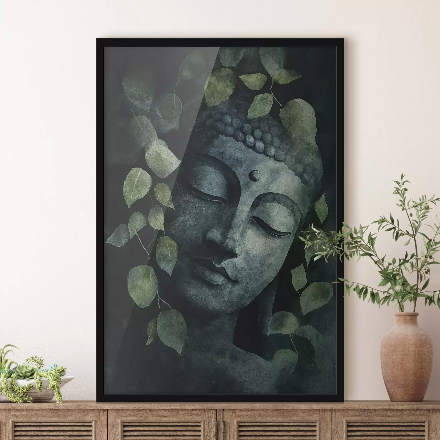 carta da parati Buddha con gli occhi chiusi, meditazione, colori verdi nr. f44030